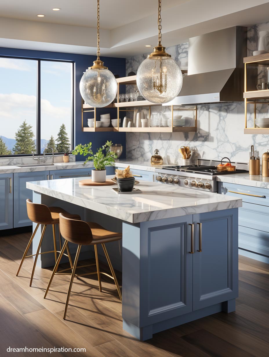 Light blue kitchen design with small island