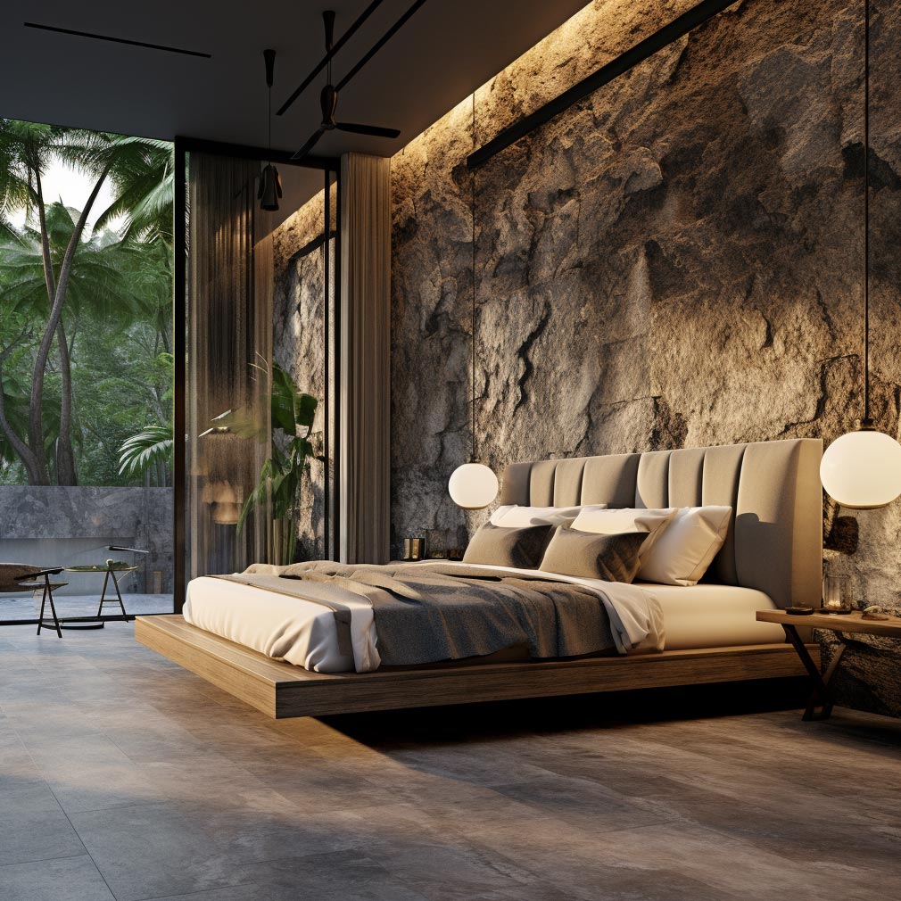Master bedroom with large stone wall accent