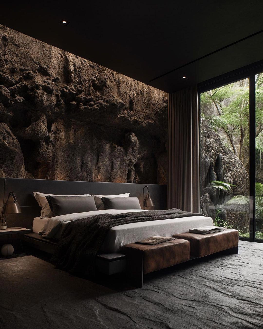 Master bedroom with low set bed and stone walls Luxury Mexican Villa