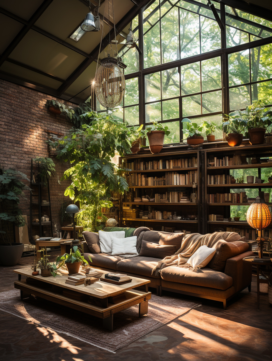 Natural sunlight hitting large couches in Vintage Industrial Loft Design