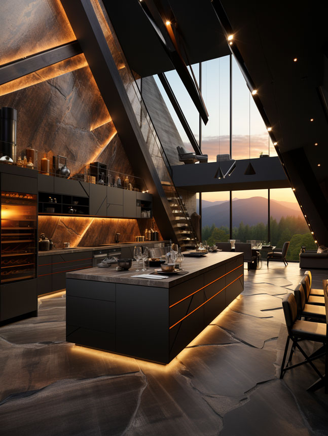 Futuristic Modern Home smart kitchen with ambient soft lighting from appliances and cabinets