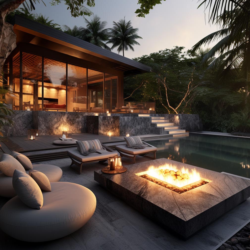 Square fire pit lounge side pool in luxury mansion