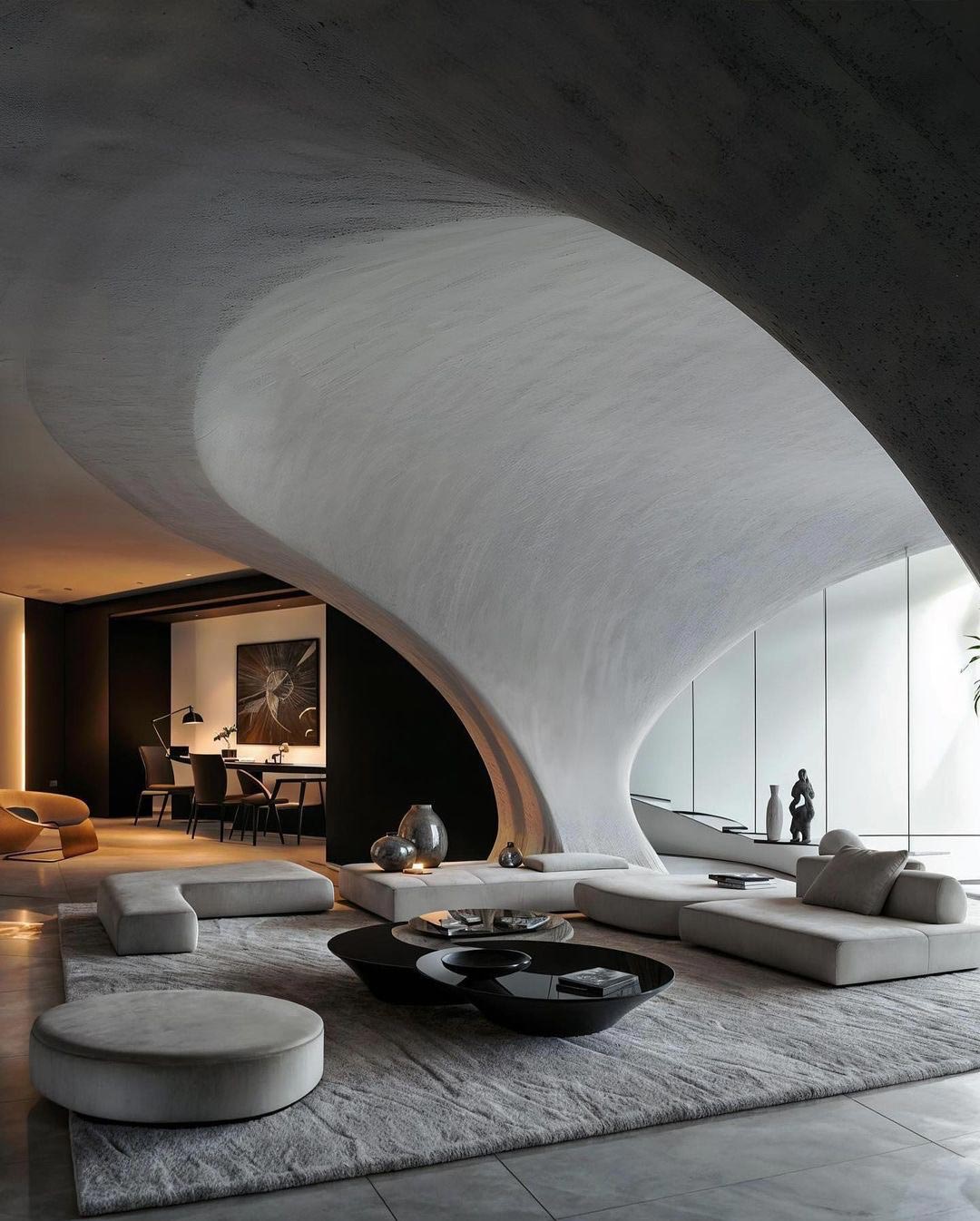 Square living room couch and curved walls