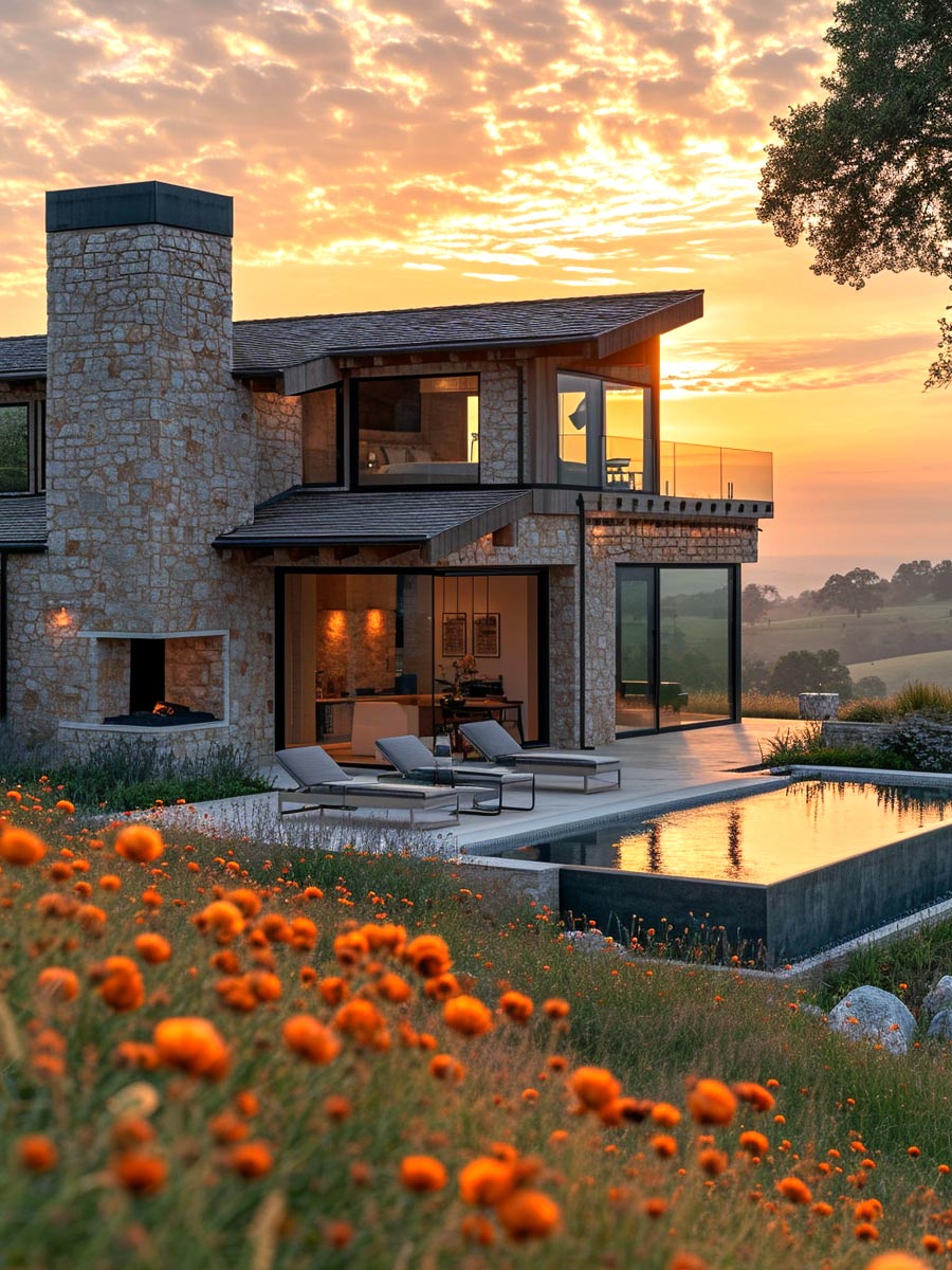 Sunset overlooking the patio and pool of ranch style dream home