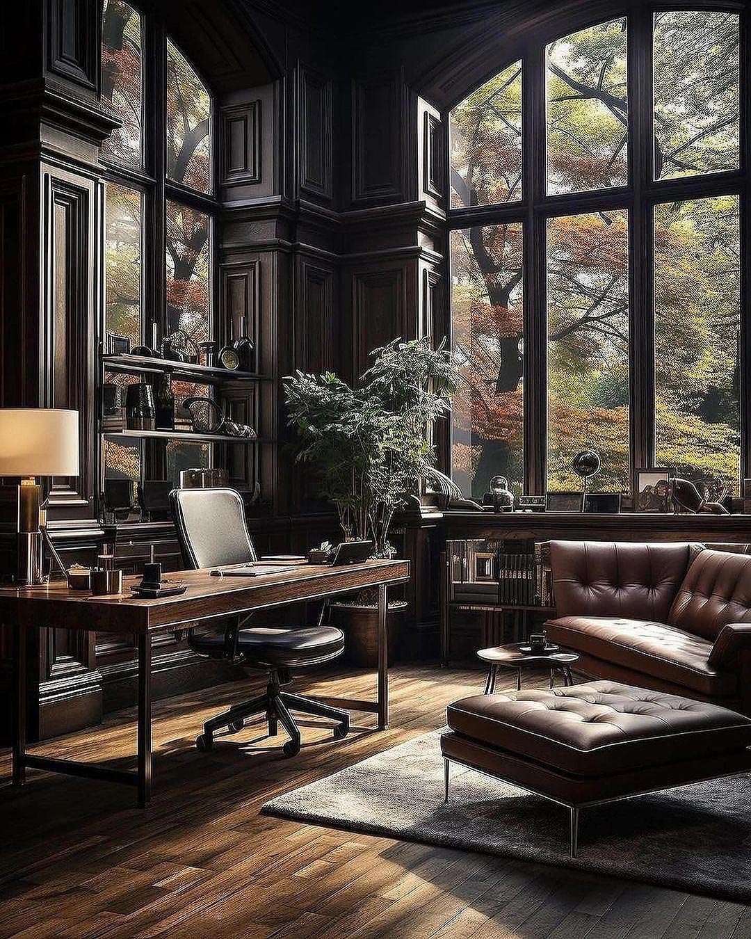 Traditional office overlooking overgrown trees outdoors