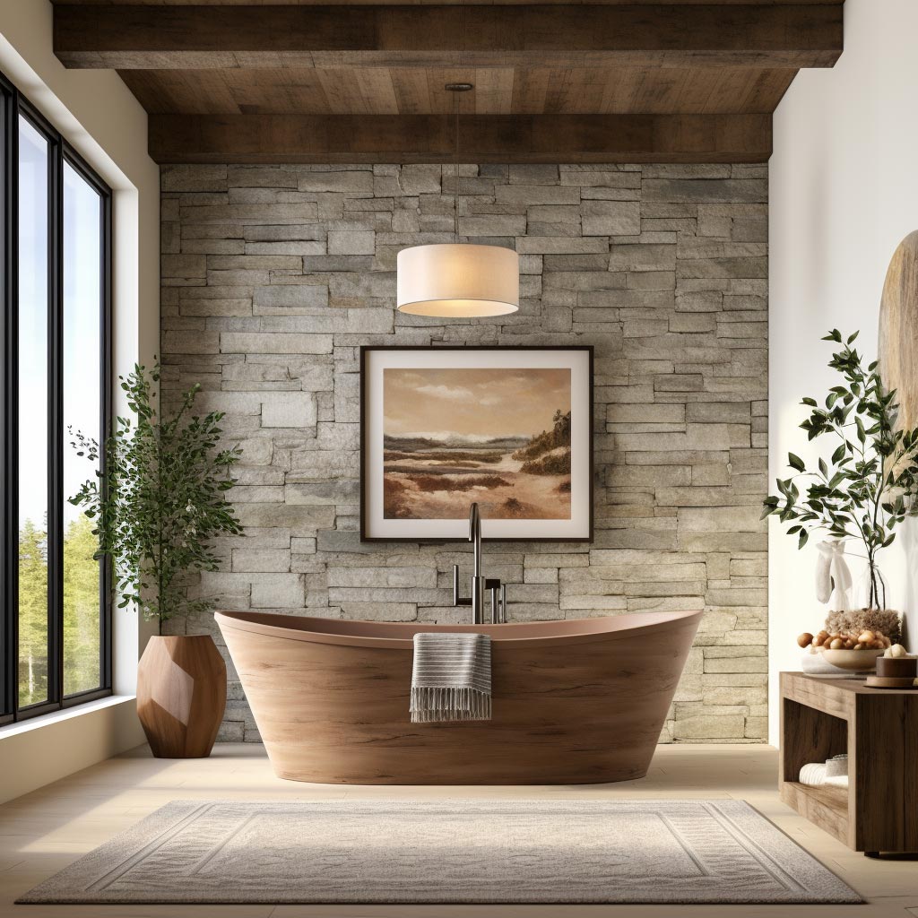 country wood tub and stone walls