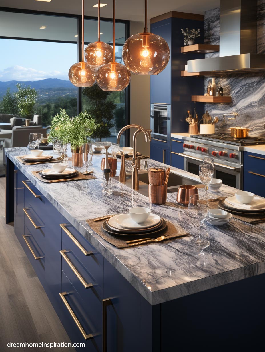 dark blue kitchen island with marble top and gold accents