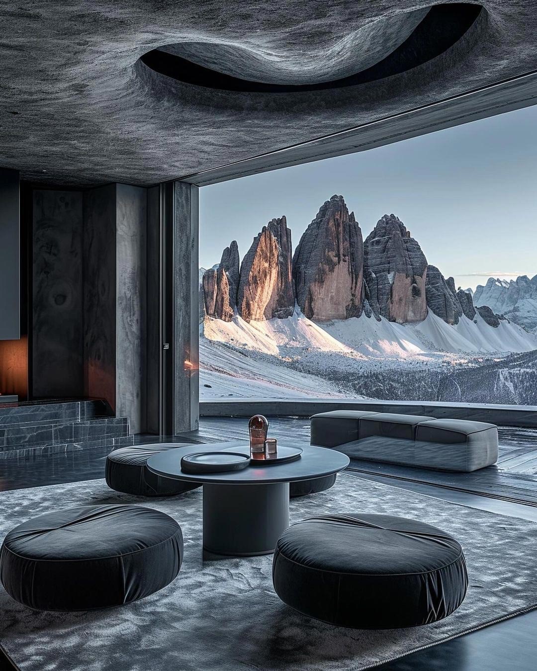 modern living room open to mountain top panarama views