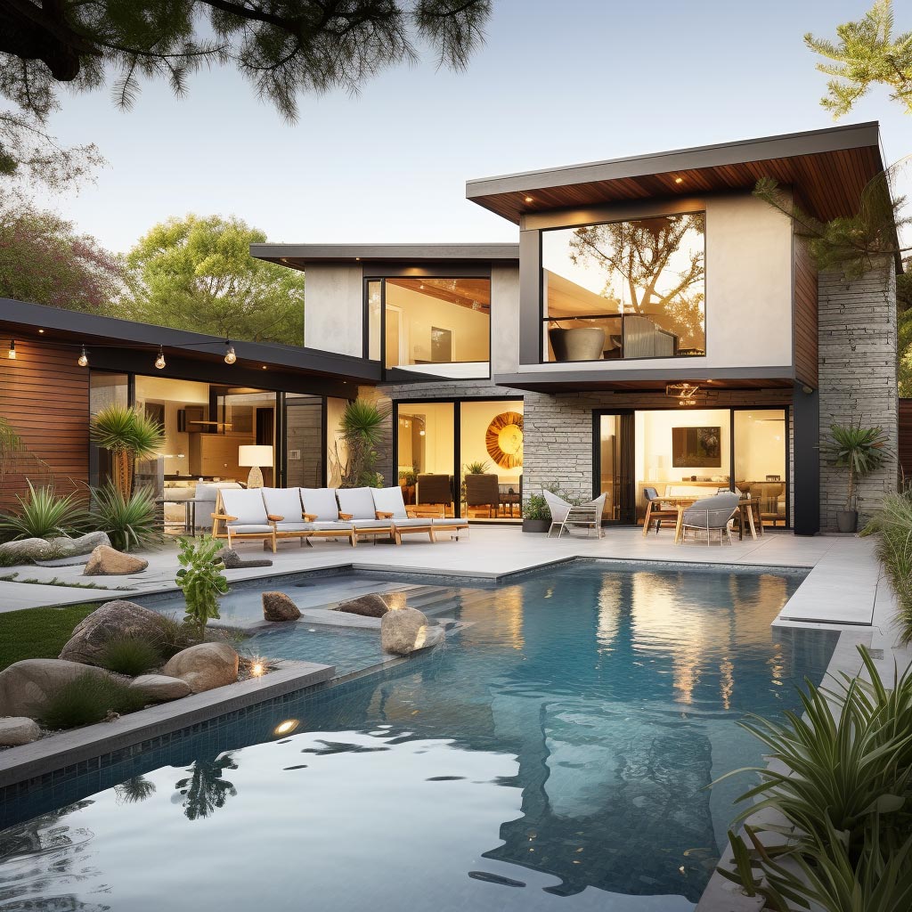 modern style swimming pool with patio seating