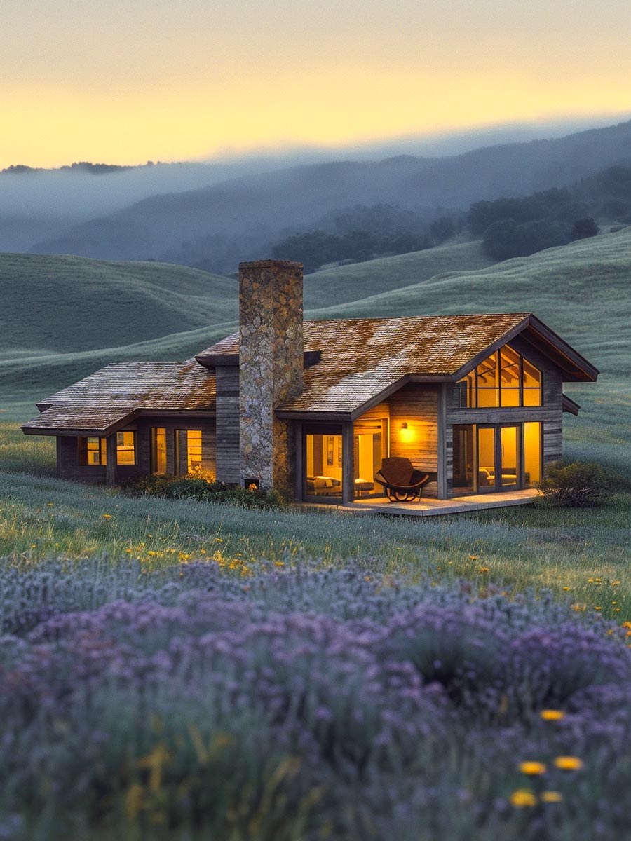 sunset twilight hour secluded ranch home
