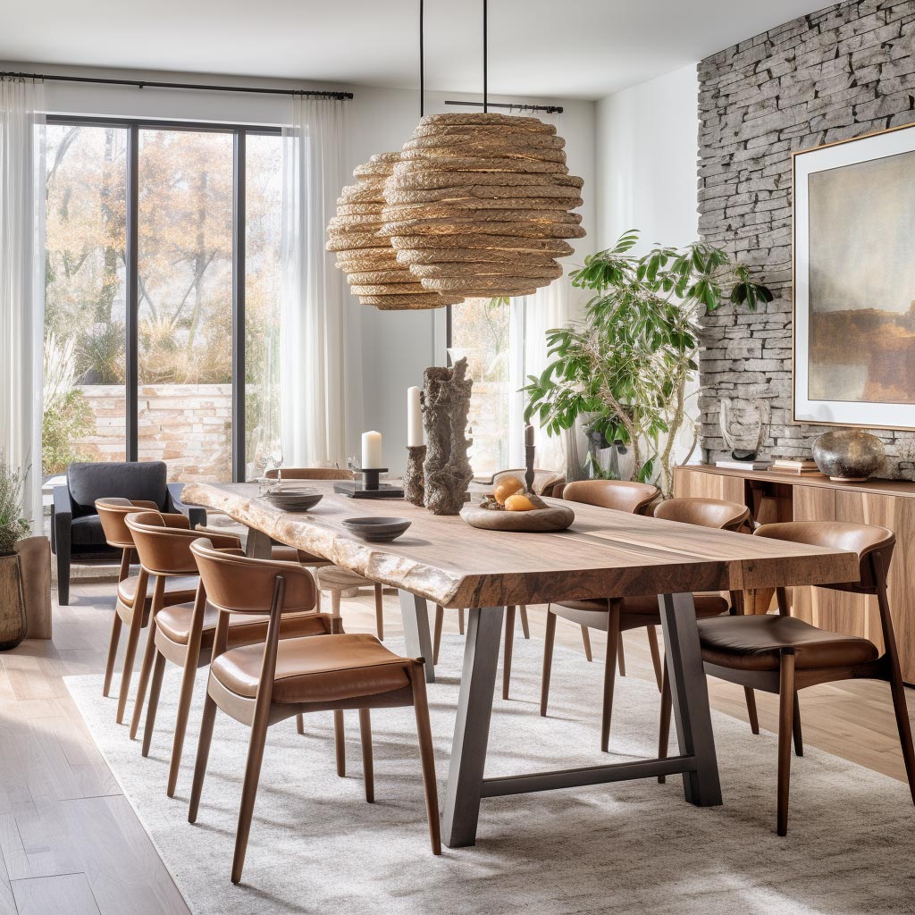 wood dining room table with large cushion chairs