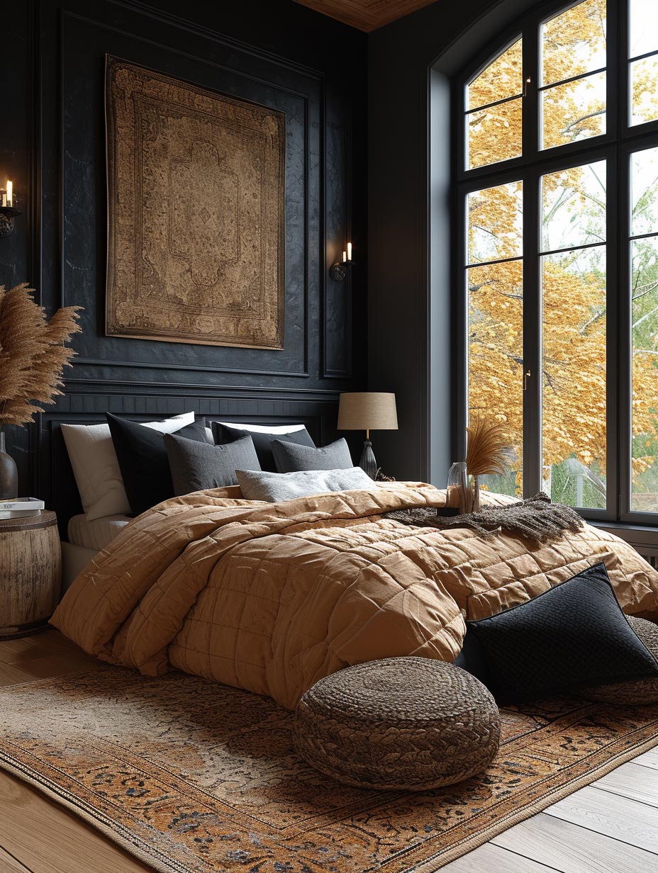 Beautiful black wall with gold art accent in bedroom