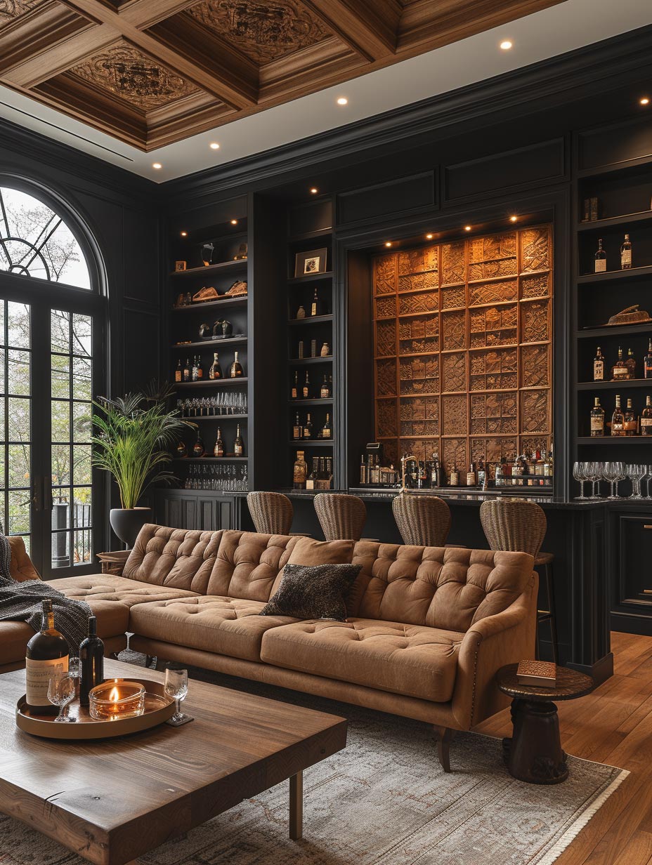 Black bar with light brown leather chairs