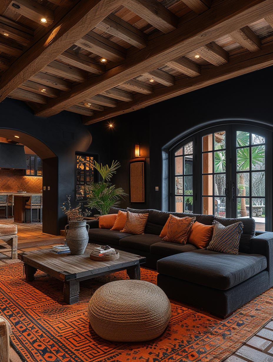 Black walls with wood beam ceiling