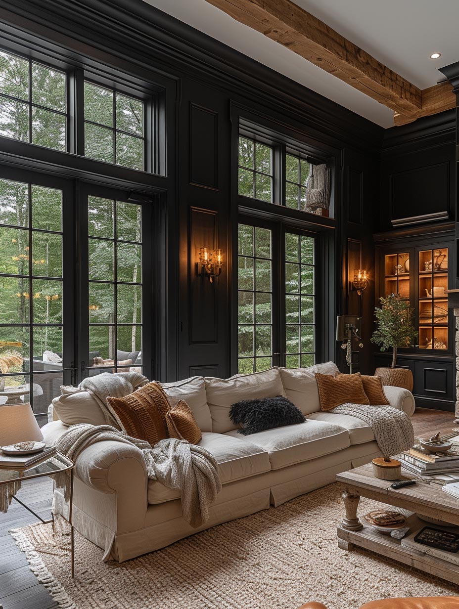 Black windows with light colroed couch design