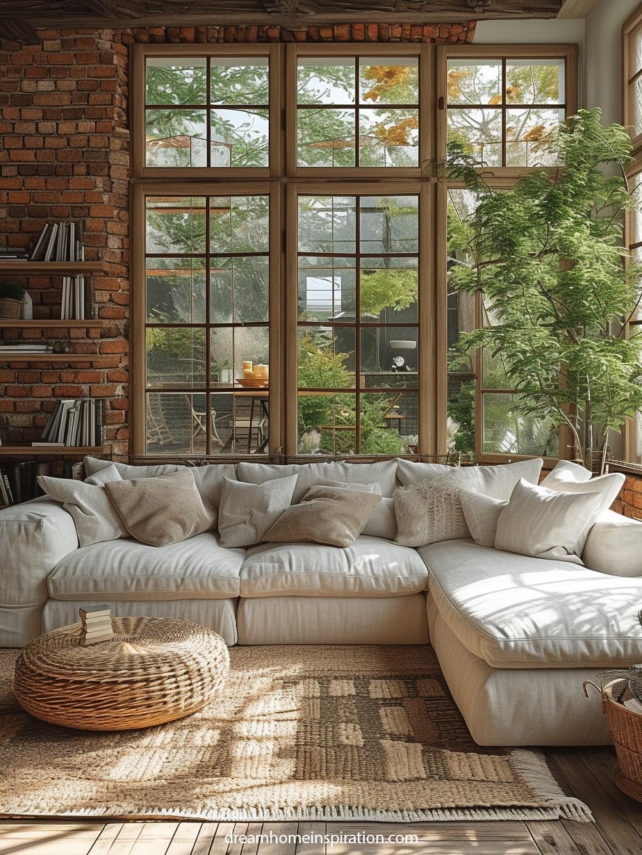 Brick walls with large windows family living area