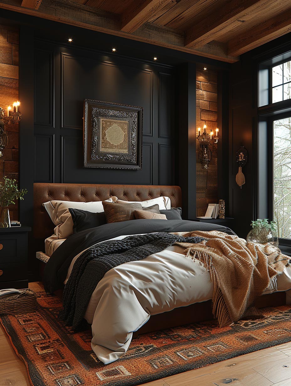 Brown leather headboard with black wall accent