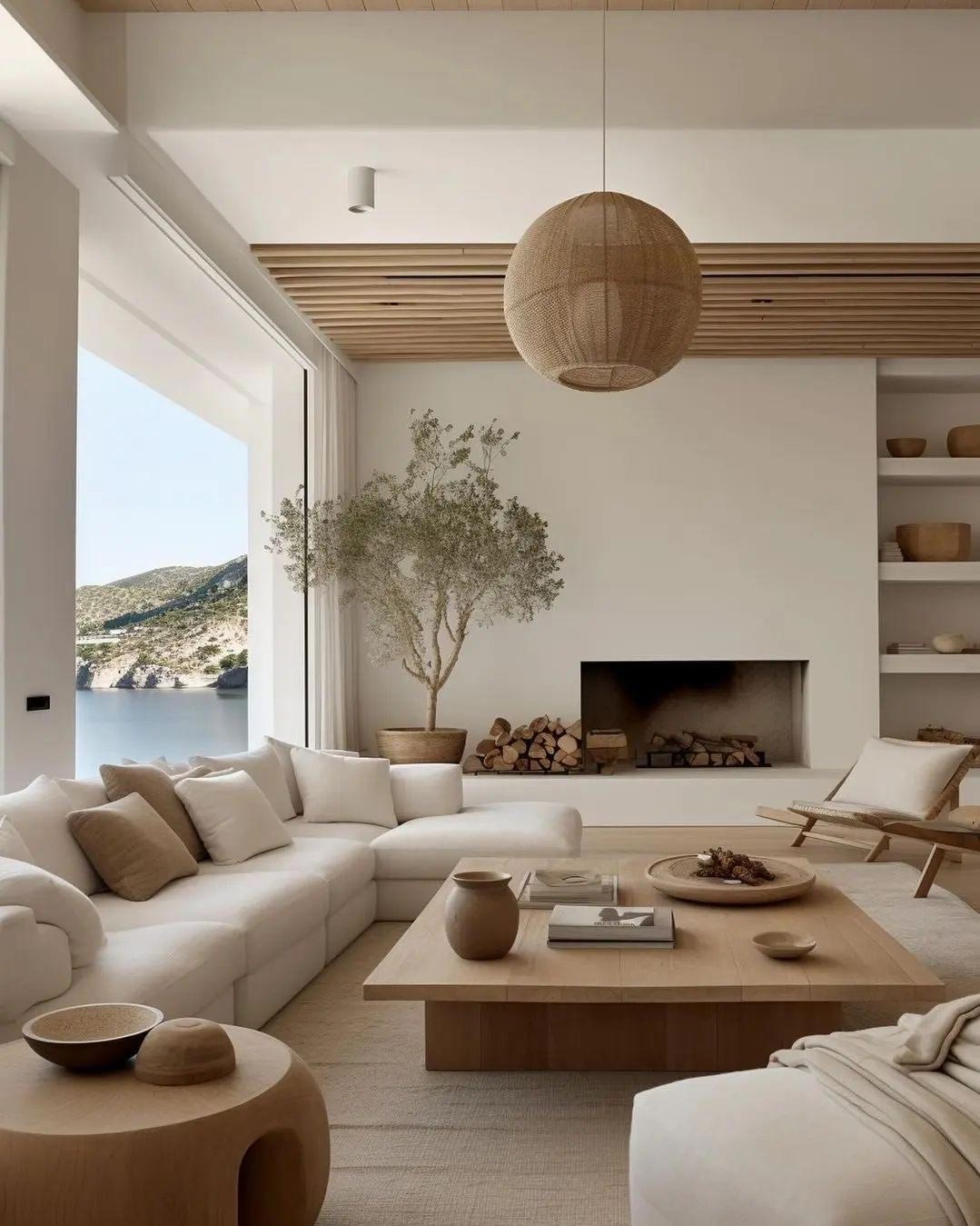 Comforting living room with small natural wood table and white couches