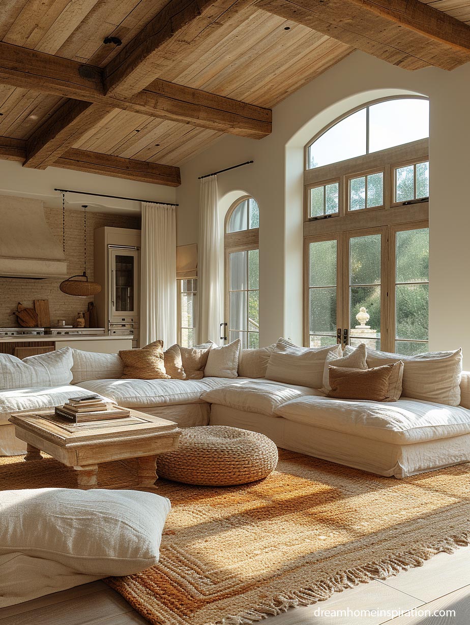 Farm house style living room with large textured rug and C-shaped couch