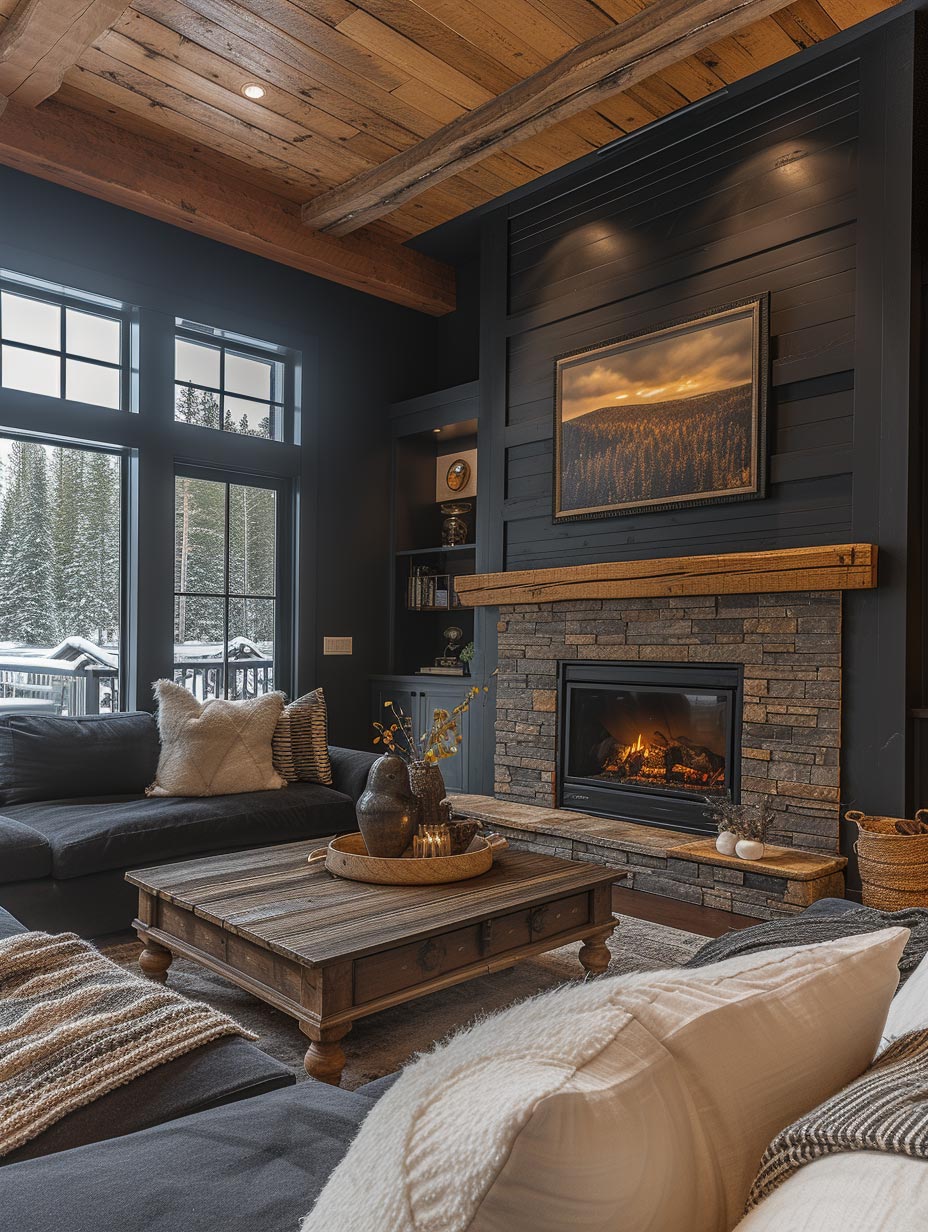 Fireplace with black wood pattern and wood panel ceiling