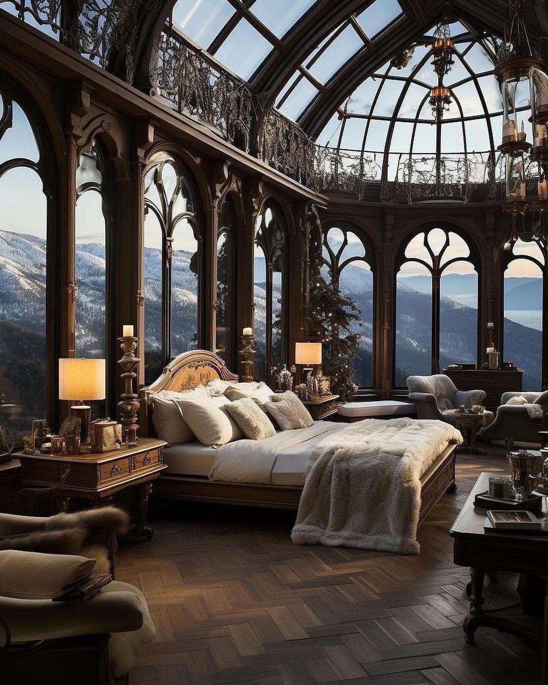 Gothic Style Home Master bedroom with catheral windows