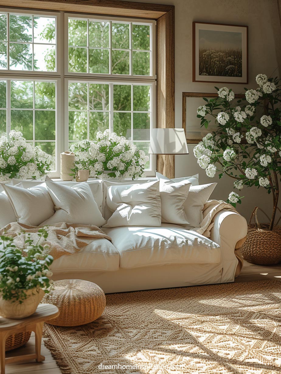 Greenery surrounding white couch in small living area