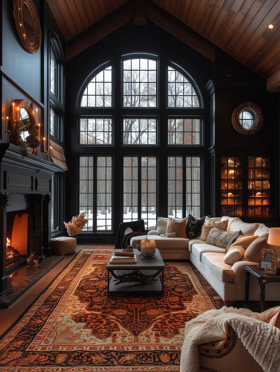 Large half arch windows in black with wood ceilings