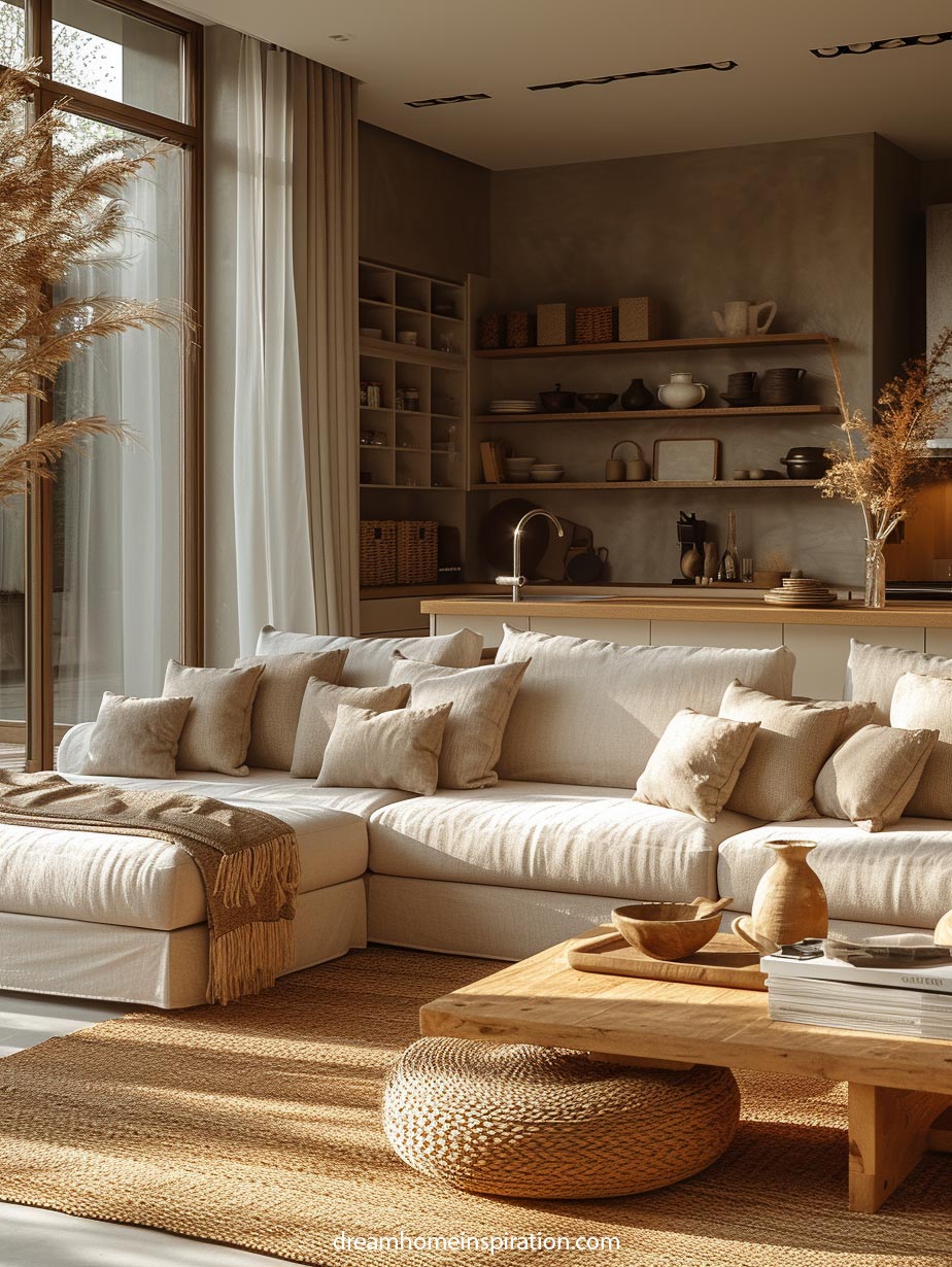 Light beige comfy couch with layers of pillows and soft lighting