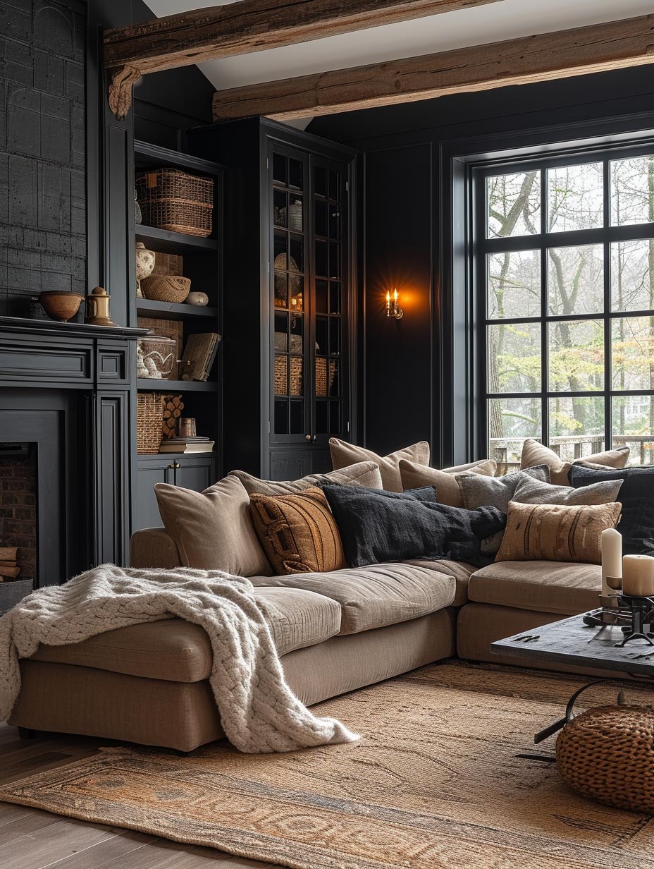 Living room with black wall and wood beam