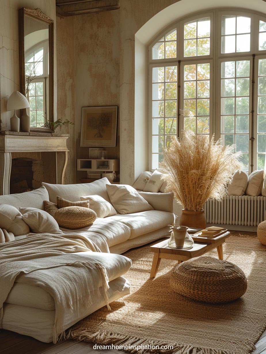 Living room with textured rug long white low set couch