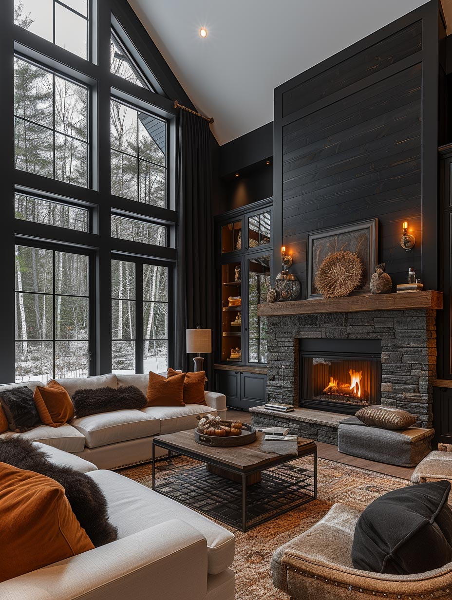 Stone and Wood fireplace in black color theme