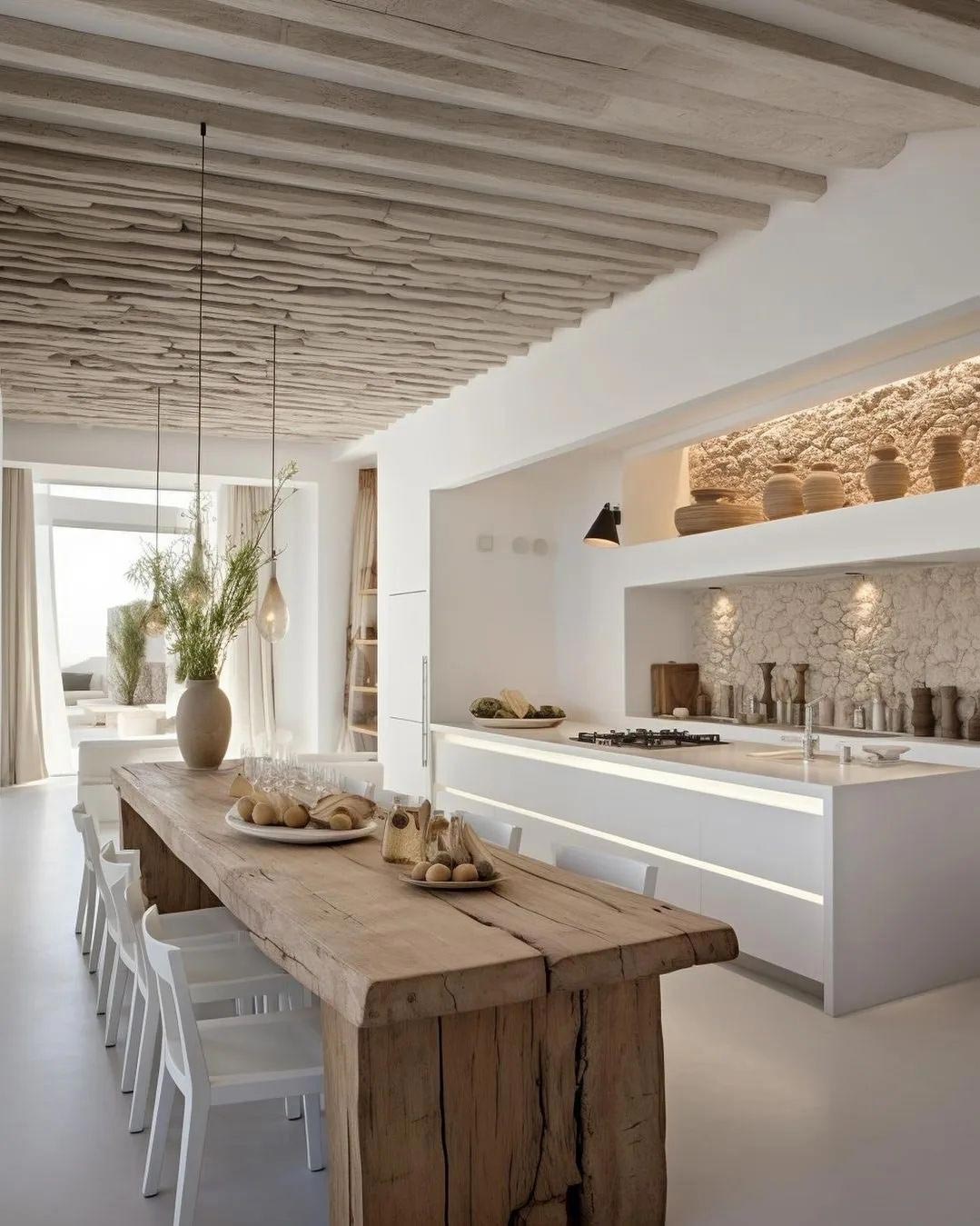 White kitchen design with live edge wood table