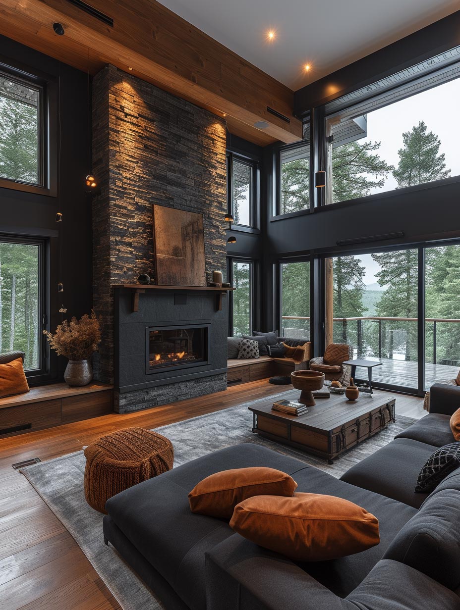 black and wood walls and low set fireplace