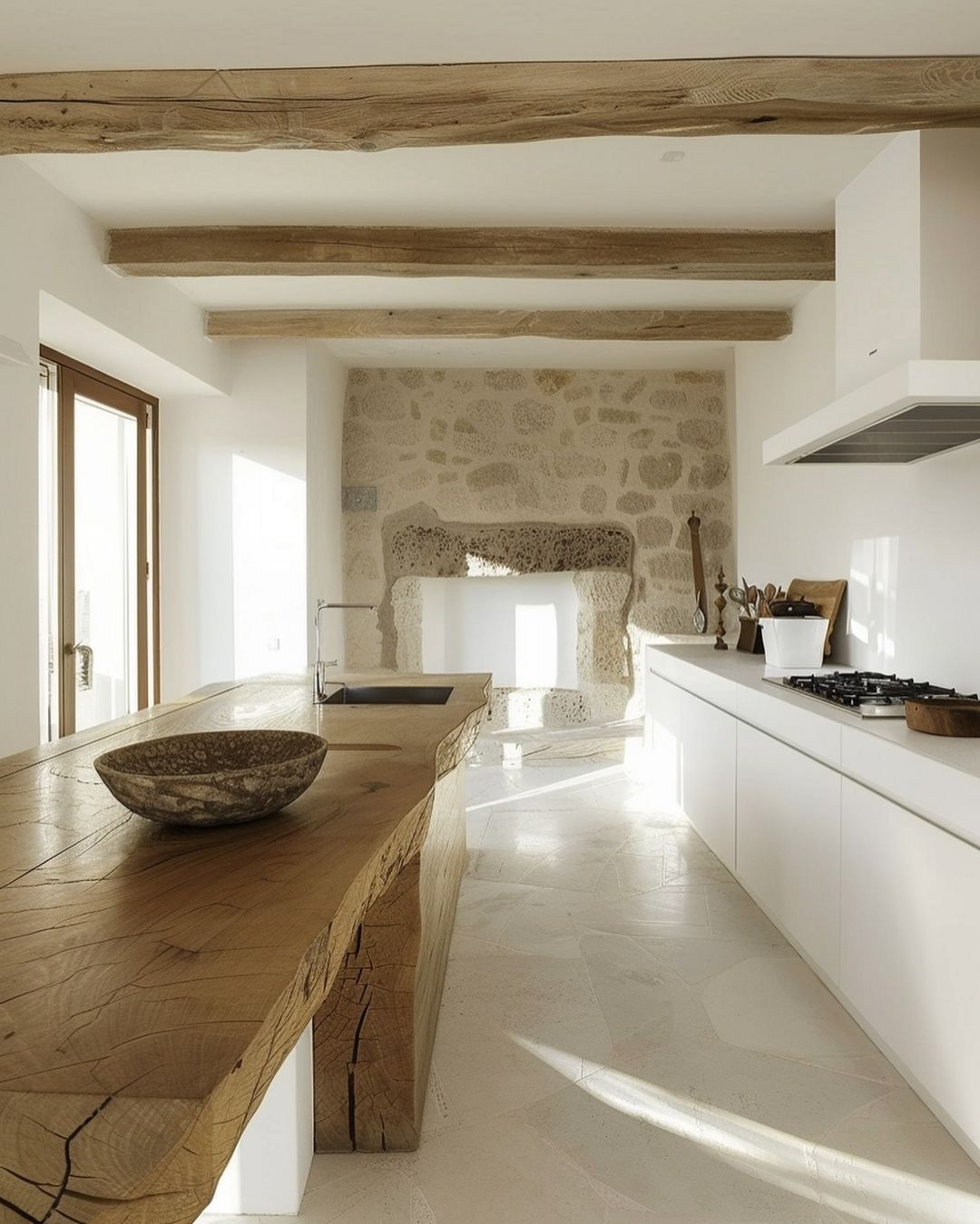 White kitchen with wood island top