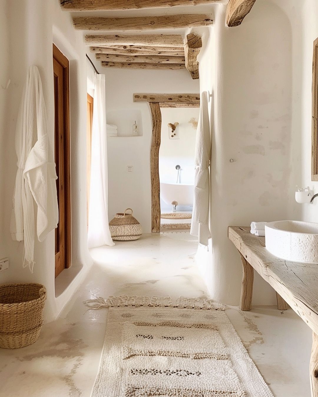 White bathroom wood beams