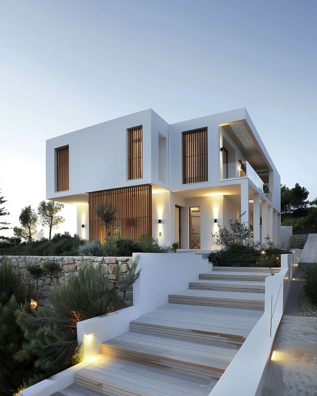 white home exterior with wood steps