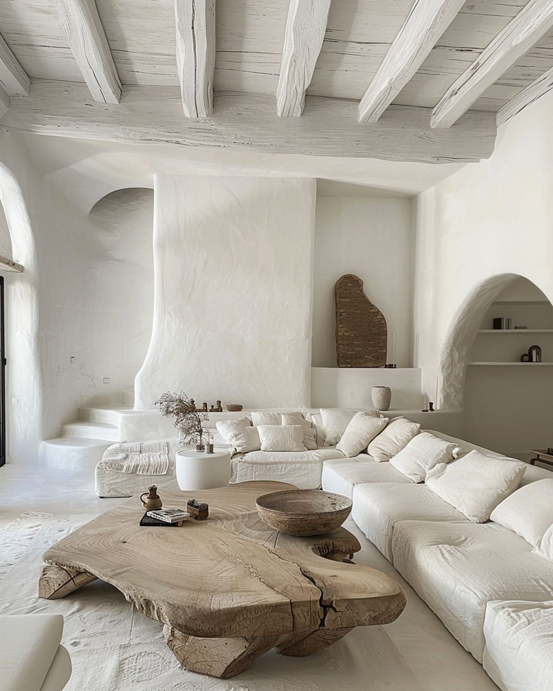 White living room with large wooden table