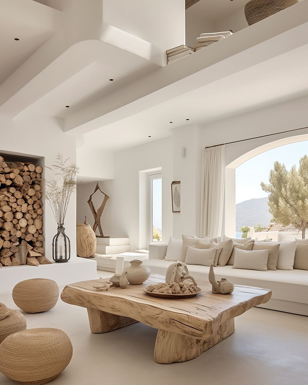 white living room large wood table and wood accents