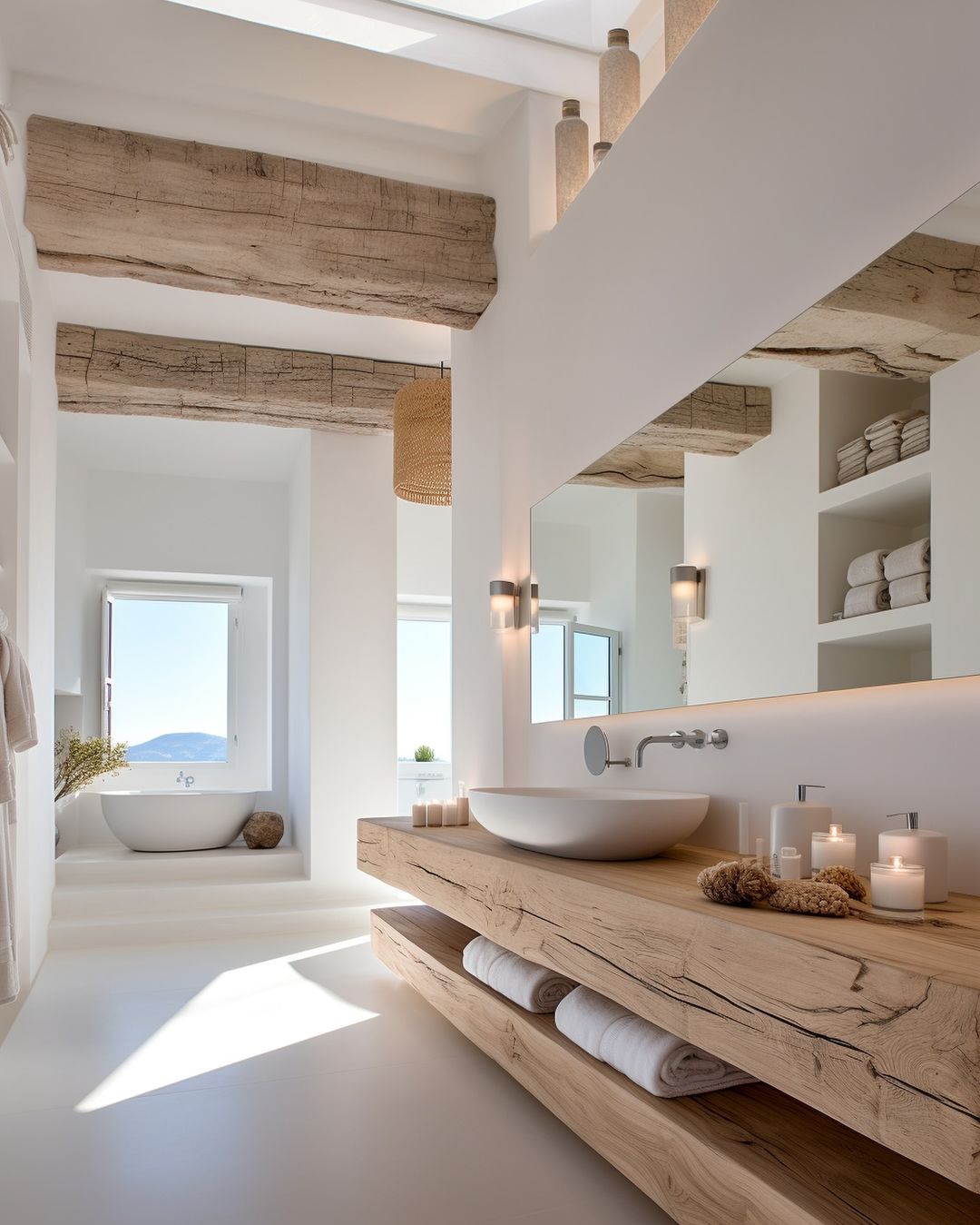 white bathroom with wood vanity