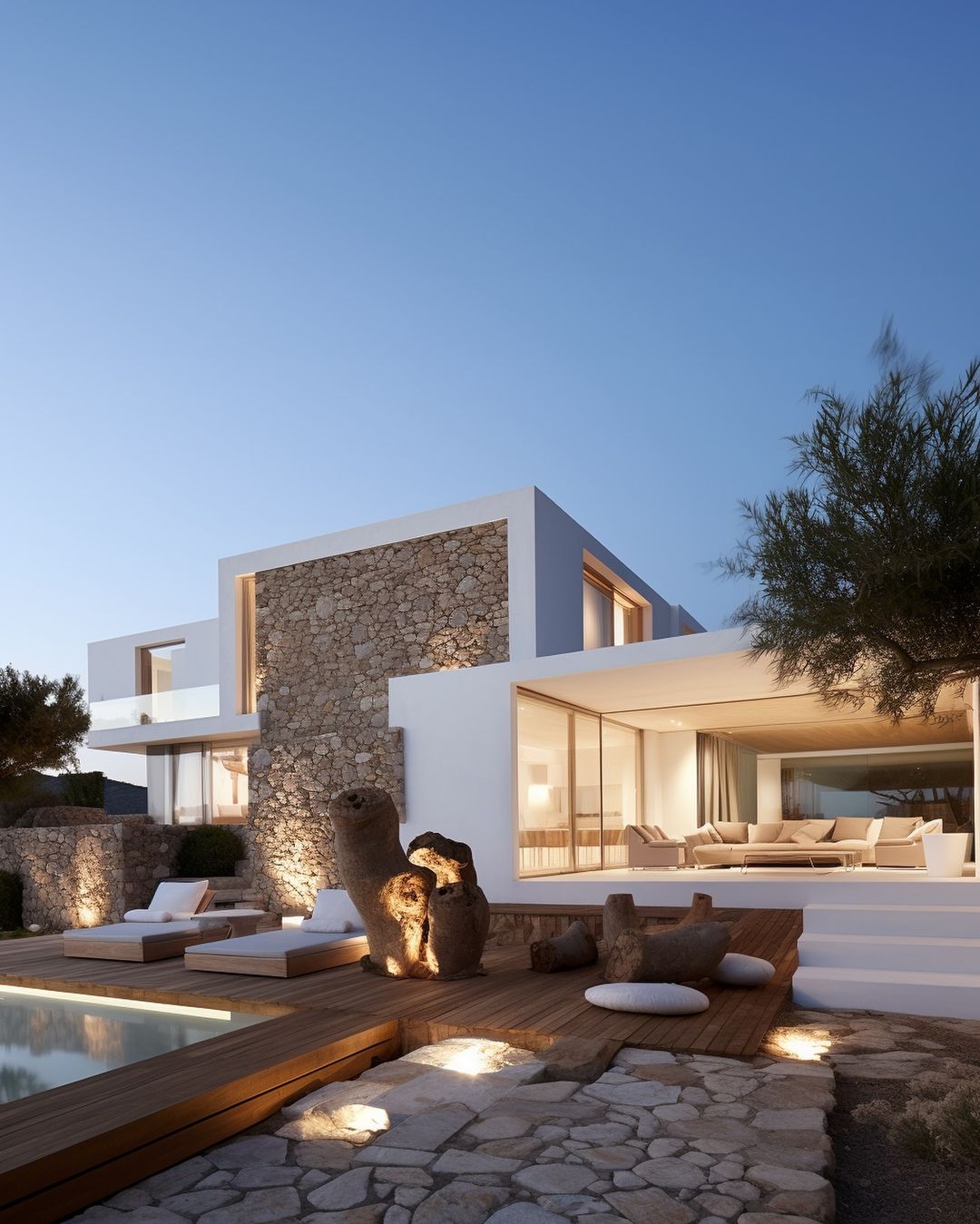 white home exterior with wood patio