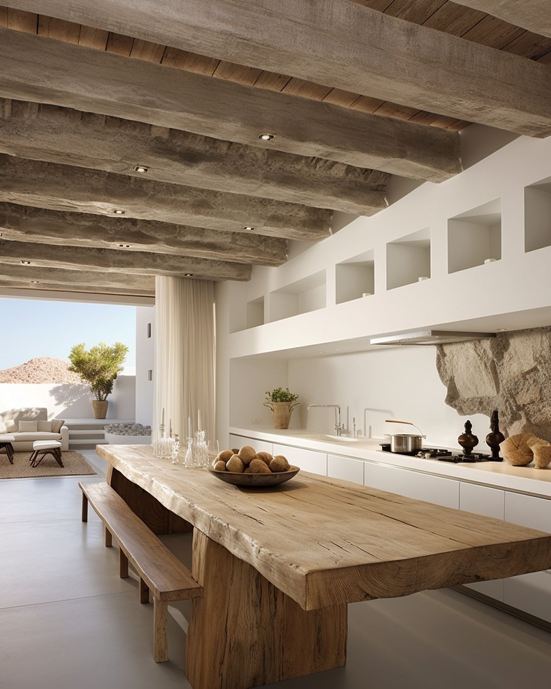 Wood table and bench in white kitchen