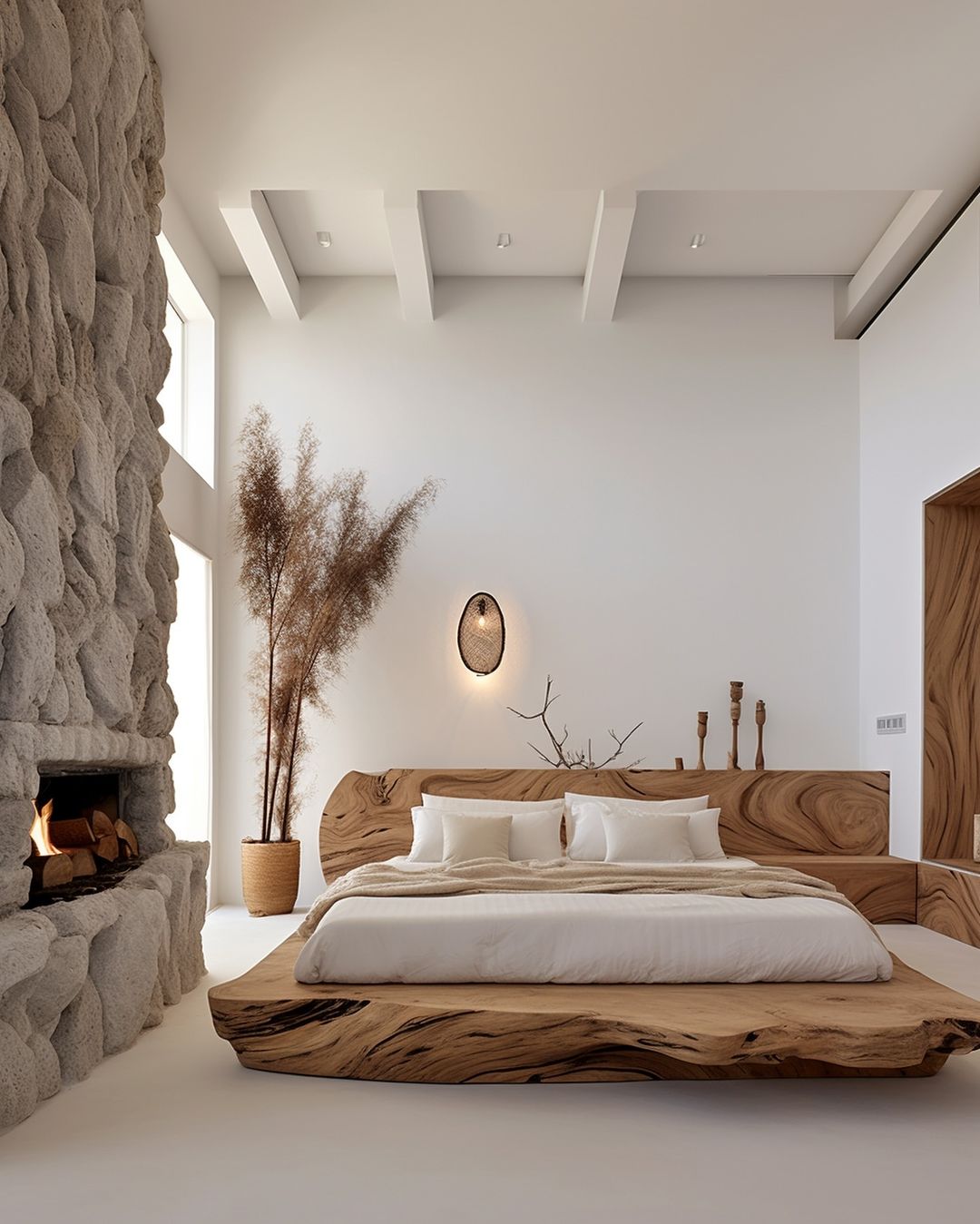 bedroom with white walls and stone fireplace