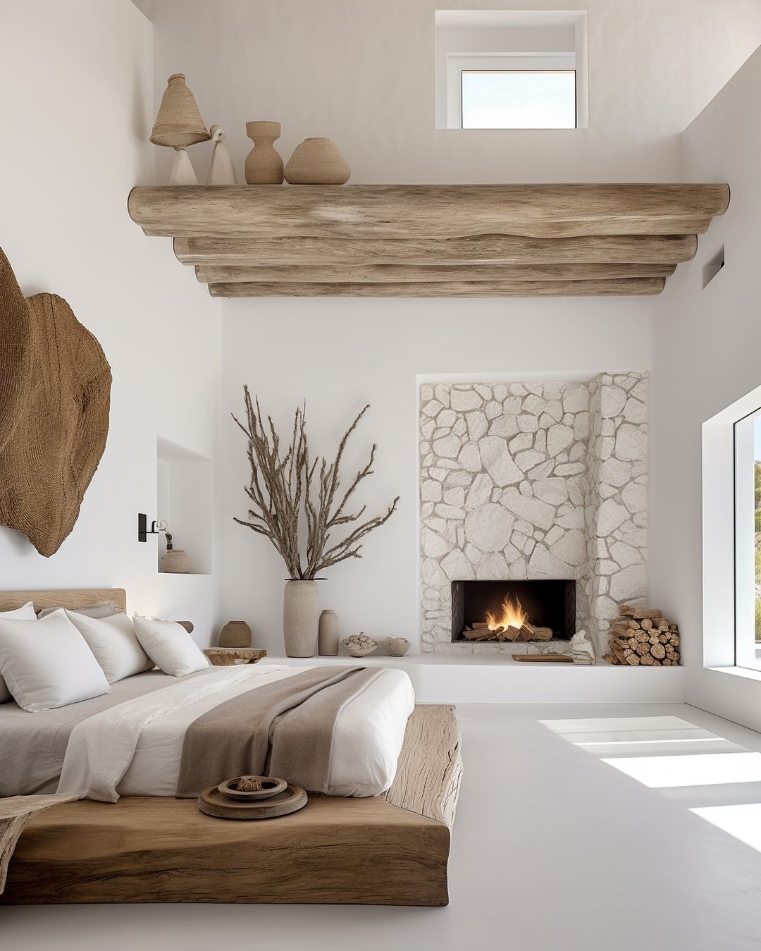 white bed with white stone fireplace