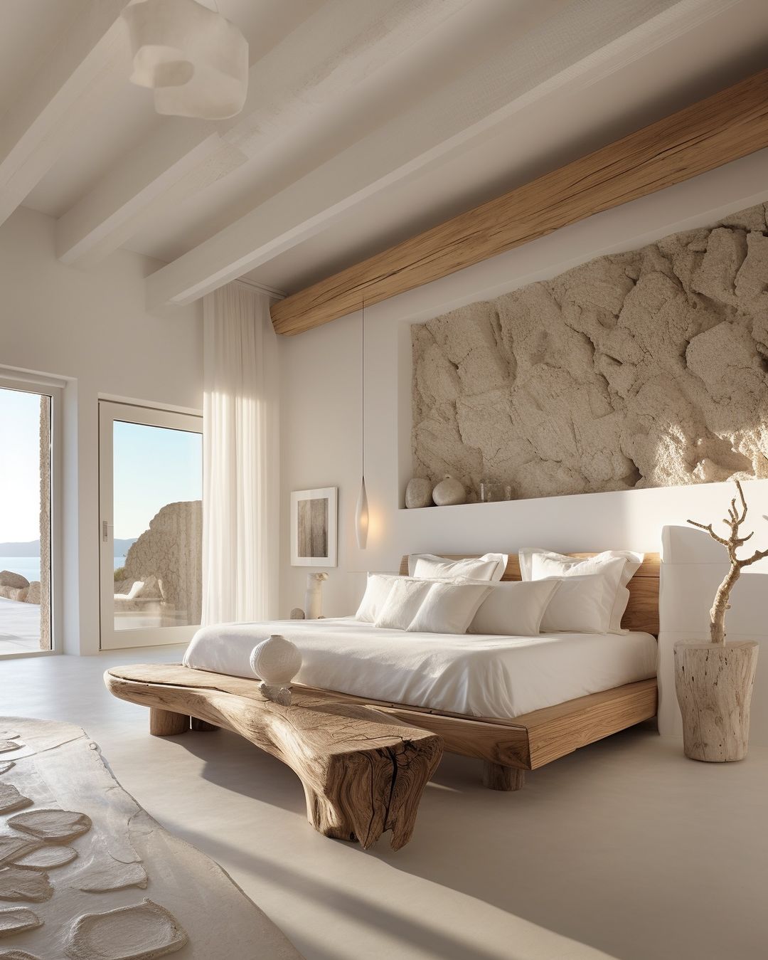 white bedroom with large natural light windows