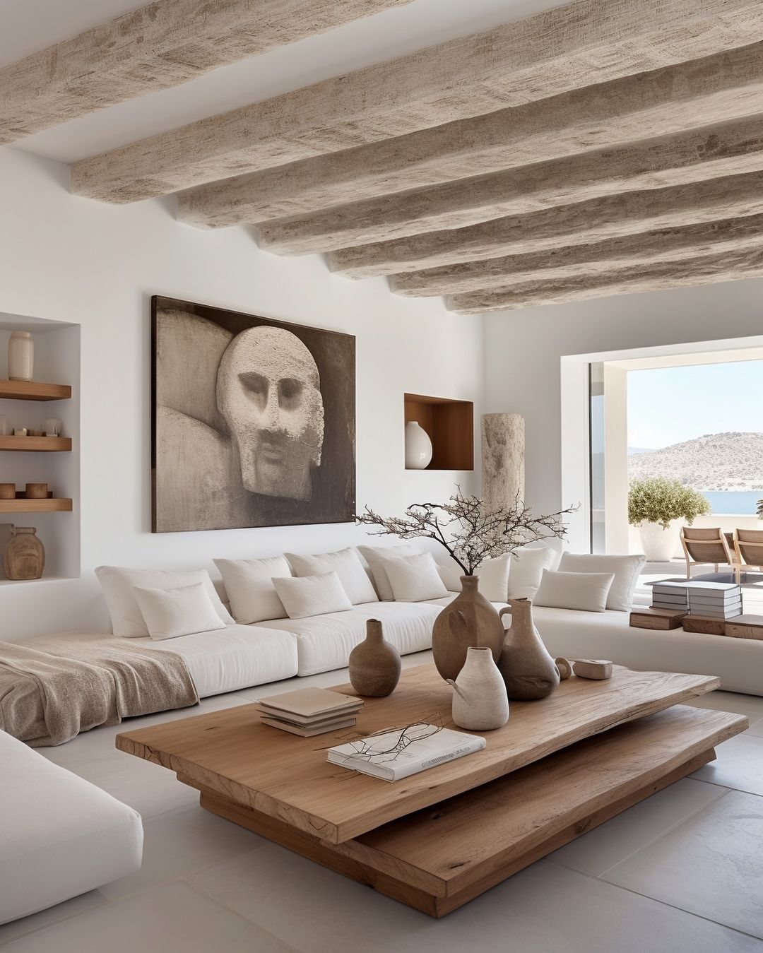 White living room space with large multi level table