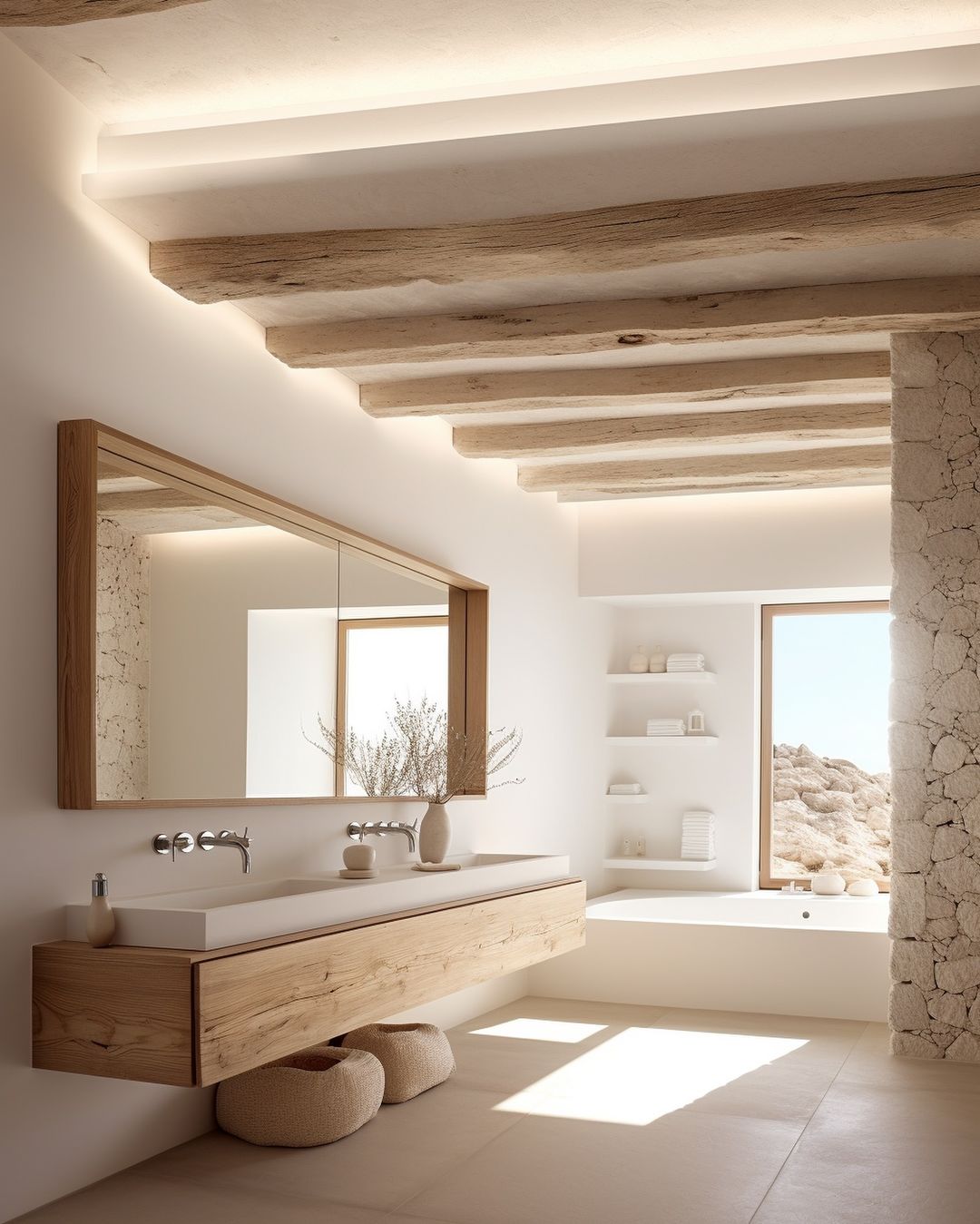 White walls bathroom with wooden vanity