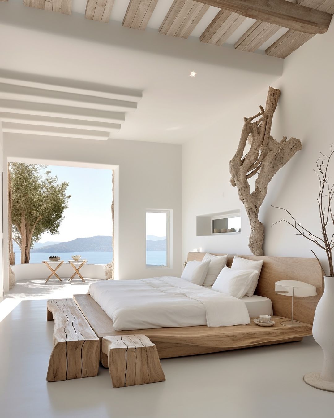 bedroom with large wood artwork