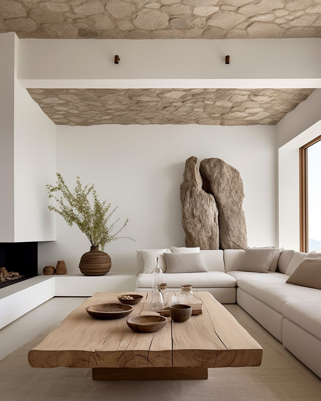 White living room with stone ceiling textures