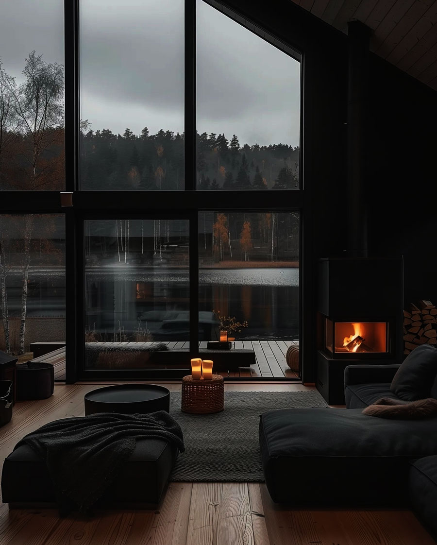 Black Interior Design Living Room on Lake