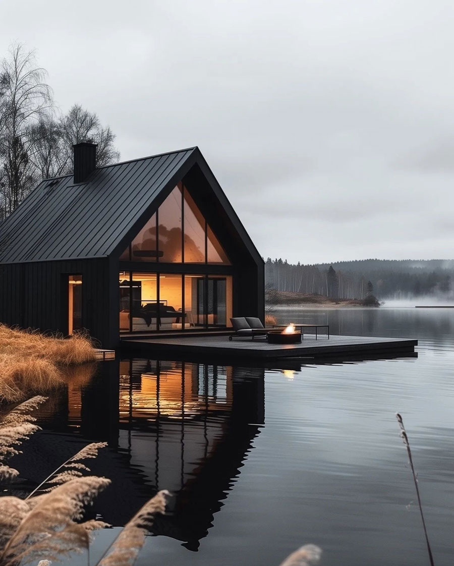 Black home design lake cottage